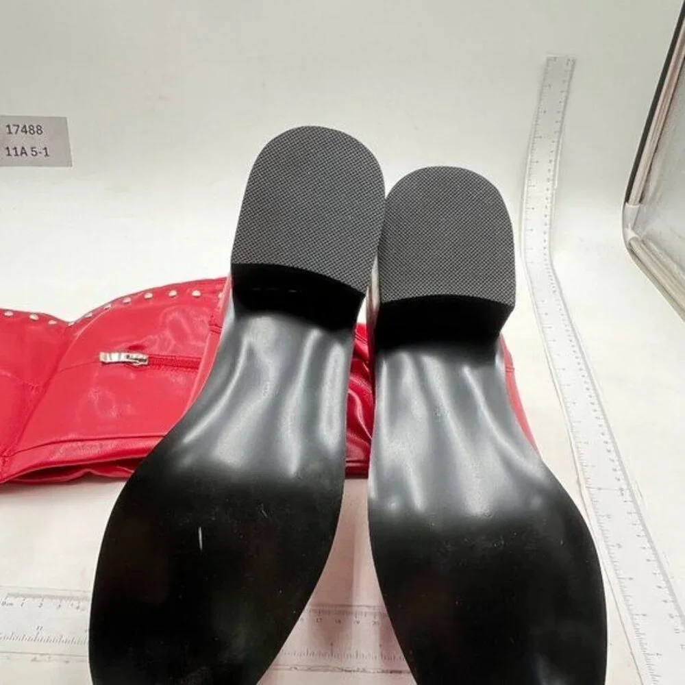 Women Regular Round Toe Flat Riding Knee High Boots Chunky Low Heel Red